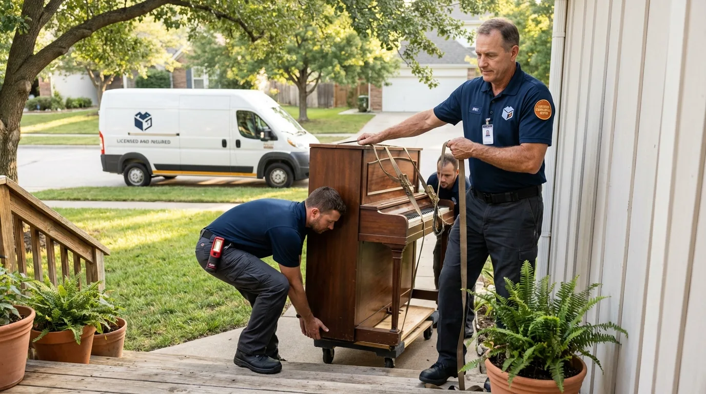 Licensed piano movers securing grand piano in Cullman, AL