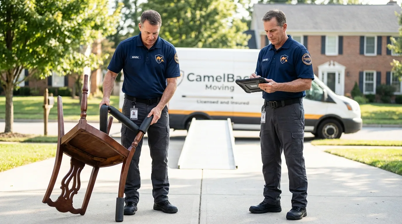 Movers inspecting furniture for damage prevention before loading in Cullman, AL