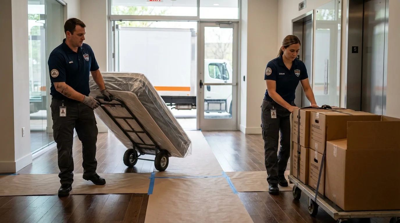 Professional apartment movers loading elevator in Cullman, AL